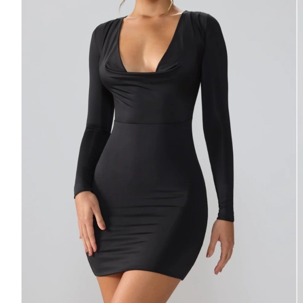 Oh Polly Oakley Black Slinky Jersey Long Sleeve Plunge Neck Mini Dress US 12 NEW